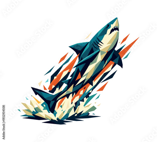 Low-poly vector illustration of a shark launching upward toward the surface, explosive vertical acceleration with elongated