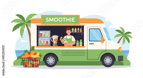 Modern flat vector illustration of smoothie and juice food truck near beach promenade. Healthy lifestyle mobile drink bar concept with fresh fruit beverages, summer vacation and outdoor leisure scene