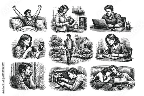 Detailed engraving style black and white vector illustration set of daily home activities including working, reading and relaxing scenes.