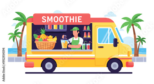 Modern flat vector illustration of smoothie and juice food truck near beach promenade. Healthy lifestyle mobile drink bar concept with fresh fruit beverages, summer vacation and outdoor leisure scene