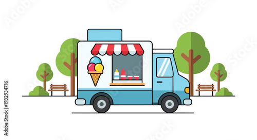 Modern flat vector illustration of ice cream food truck in public park with families buying sweet dessert. Mobile dessert vendor concept with cheerful outdoor leisure, summer snack and lifestyle scene
