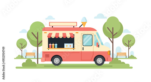 Modern flat vector illustration of ice cream food truck in public park with families buying sweet dessert. Mobile dessert vendor concept with cheerful outdoor leisure, summer snack and lifestyle scene