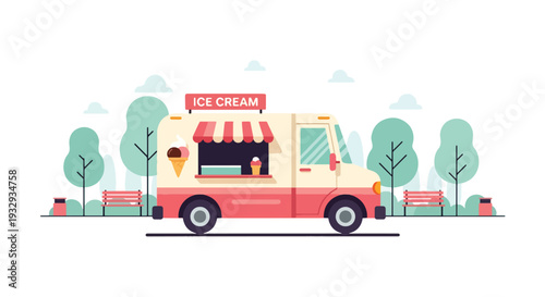 Modern flat vector illustration of ice cream food truck in public park with families buying sweet dessert. Mobile dessert vendor concept with cheerful outdoor leisure, summer snack and lifestyle scene