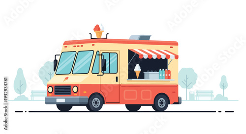 Modern flat vector illustration of ice cream food truck in public park with families buying sweet dessert. Mobile dessert vendor concept with cheerful outdoor leisure, summer snack and lifestyle scene