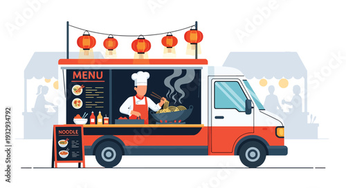 Modern vector illustration of Asian noodle food truck cooking street cuisine at night market. Mobile street restaurant concept with chef wok cooking, customers and urban food festival scene