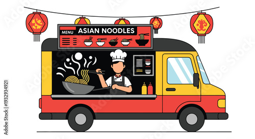 Modern vector illustration of Asian noodle food truck cooking street cuisine at night market. Mobile street restaurant concept with chef wok cooking, customers and urban food festival scene