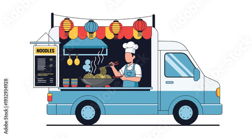 Modern vector illustration of Asian noodle food truck cooking street cuisine at night market. Mobile street restaurant concept with chef wok cooking, customers and urban food festival scene