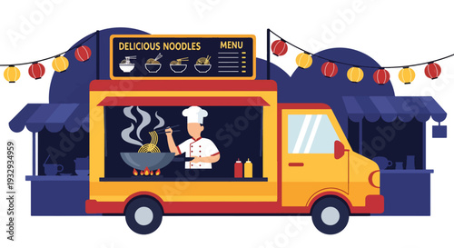 Modern vector illustration of Asian noodle food truck cooking street cuisine at night market. Mobile street restaurant concept with chef wok cooking, customers and urban food festival scene