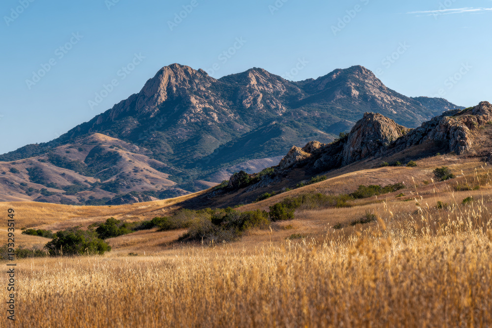 Fototapeta premium Rolling golden grasslands with rugged rocky hills and towering mountain peaks under clear blue sky in a peaceful natural landscape setting