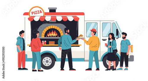Modern vector illustration of pizza food truck serving fresh slices in busy city plaza. Mobile fast food restaurant concept with chef oven service, customers and urban street lifestyle scene