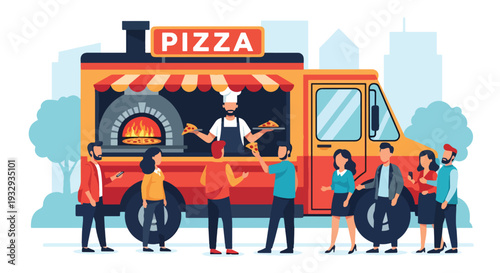 Modern vector illustration of pizza food truck serving fresh slices in busy city plaza. Mobile fast food restaurant concept with chef oven service, customers and urban street lifestyle scene