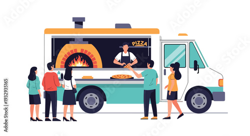 Modern vector illustration of pizza food truck serving fresh slices in busy city plaza. Mobile fast food restaurant concept with chef oven service, customers and urban street lifestyle scene