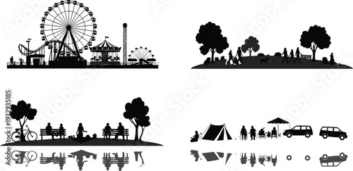 Black Silhouette Vector Set of Outdoor Leisure Scenes Including Amusement Park Rides City Park People Picnic Camping and Summer Activities
