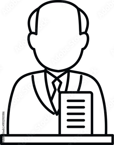 Professional man wearing a suit and tie standing at a lectern with a legal document