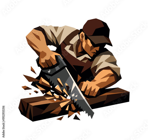 Low-poly vector illustration of a carpenter at peak resistance mid-cut, body twisted slightly with visible angular strain through