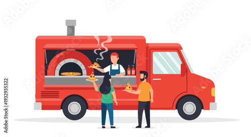 Modern vector illustration of pizza food truck serving fresh slices in busy city plaza. Mobile fast food restaurant concept with chef oven service, customers and urban street lifestyle scene