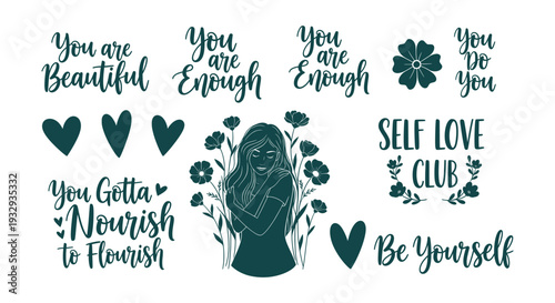 Beautiful Self Love Motivational Quotes Vector Set Hand Lettering Affirmations for Women Empowerment