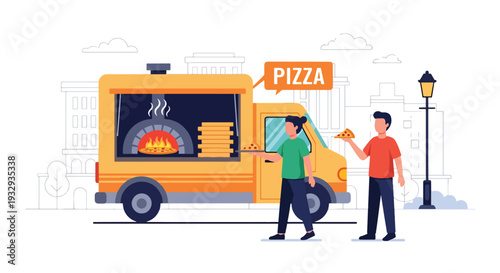 Modern vector illustration of pizza food truck serving fresh slices in busy city plaza. Mobile fast food restaurant concept with chef oven service, customers and urban street lifestyle scene