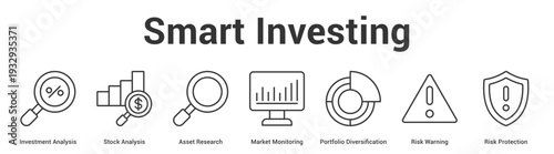 Smart Investing web banner icon set vector illustration concept for business with icon of Investment Analysis, Stock Analysis, Asset Research, Market Monitoring, Portfolio Diversification, Risk Warni.
