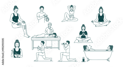 Healthy Lifestyle Self-Care Activities Vector Illustration Set Daily Wellness Fitness Relaxation