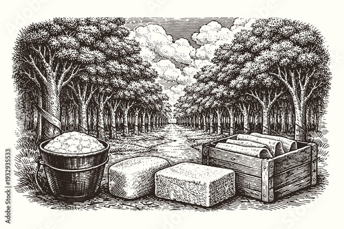 Detailed engraving style black and white vector illustration of rubber plantation with latex buckets and tapping tools in rural landscape.