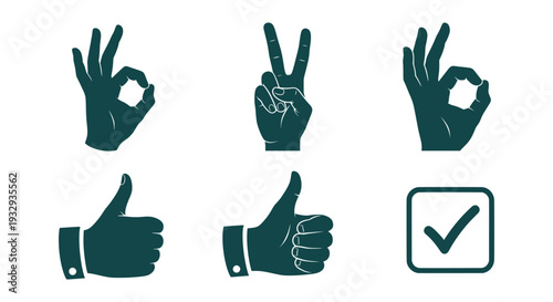 Essential Positive Hand Gestures Vector Icons Thumbs Up Peace OK Checkmark Success Approval