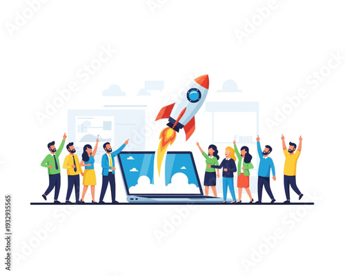 Enthusiastic business team celebrates a successful startup launch symbolized by a rocket taking off from a laptop screen