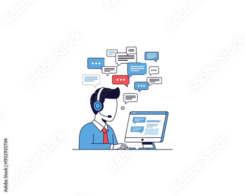 Vector illustration of a customer support agent engaging in online chat conversations and responding to messages on a computer.