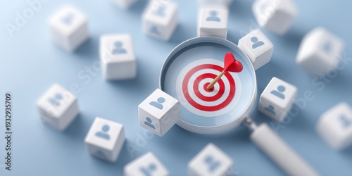 Target Audience Focus: A creative visual representation of focused recruitment or strategic audience targeting, symbolized by a bullseye, magnifying glass, and user icons.