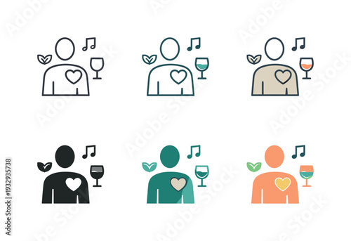 Contemporary stylish life icon portraying a poised human form accented by simple symbols of taste and harmony, duplicated six