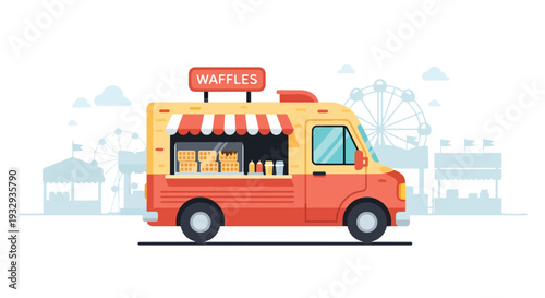 Modern vector illustration of waffle dessert food truck at carnival fair serving sweet snacks. Mobile dessert cafe concept with customers, toppings menu and outdoor festival lifestyle scene