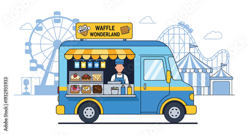 Modern vector illustration of waffle dessert food truck at carnival fair serving sweet snacks. Mobile dessert cafe concept with customers, toppings menu and outdoor festival lifestyle scene