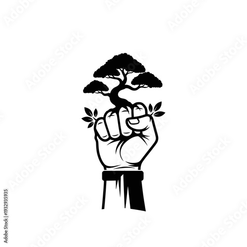 Fist Holding a Bonsai Tree, Symbolizing Environmental Protection and Growth