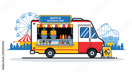 Modern vector illustration of waffle dessert food truck at carnival fair serving sweet snacks. Mobile dessert cafe concept with customers, toppings menu and outdoor festival lifestyle scene