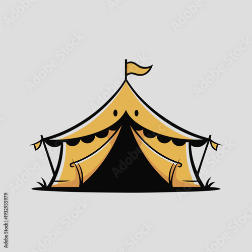 Yellow circus tent with flag on top and open entrance