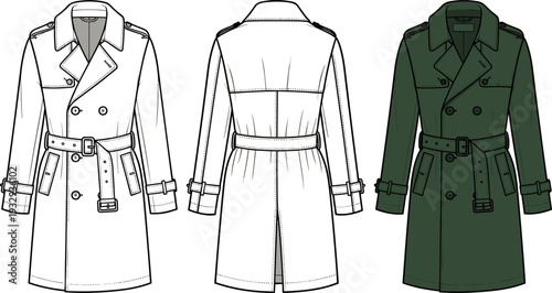 Classic Double Breasted Trench Coat Fashion Flat Sketch and Technical Template Illustration