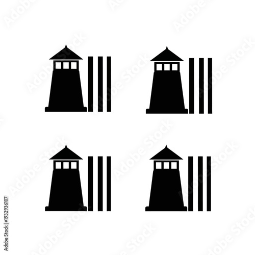 Four identical guard towers with vertical bars, representing security, surveillance, and confinement.