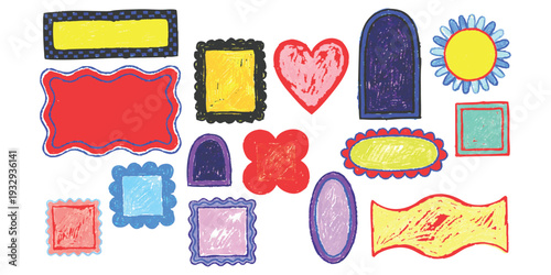 Set of hand drawn colorful crayon frames and labels with textured wax pastel effect for creative design vector illustration