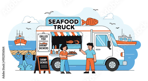 Modern vector illustration of seafood food truck near harbor serving grilled fish and shrimp. Coastal travel street food concept with tourists, outdoor dining and seaside lifestyle scene