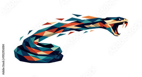 Low-poly vector illustration of a snake initiating a strike from the coil, explosive forward snap with elongated angular body