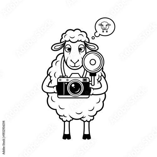 Funny Sheep Photographer with Camera and Flash, Thinking of Sheep