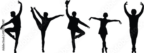 Elegant dancer silhouettes performing ballet and contemporary dance moves with expressive poses and jumping motions for performance art and theater design
