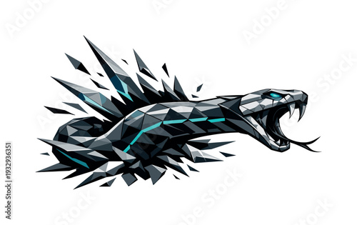 Low-poly vector illustration of a snake breaking through the strike in a decisive attack moment, perfectly aligned angular