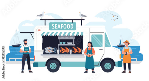 Modern vector illustration of seafood food truck near harbor serving grilled fish and shrimp. Coastal travel street food concept with tourists, outdoor dining and seaside lifestyle scene