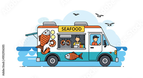 Modern vector illustration of seafood food truck near harbor serving grilled fish and shrimp. Coastal travel street food concept with tourists, outdoor dining and seaside lifestyle scene