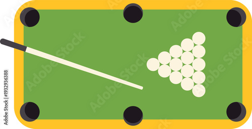 Simple flat design illustration showing a pool table with cue stick and arranged balls