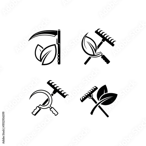 Gardening Tools Icons: Scythe, Sickle, Rake, Leaves - Black and White Vector Set