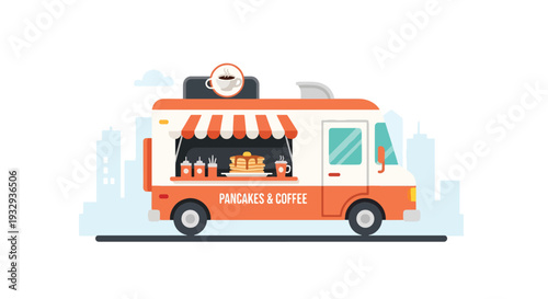 Modern vector illustration of breakfast food truck serving coffee and pancakes during morning rush hour. Mobile street cafe business concept with commuters buying takeaway food in city scene