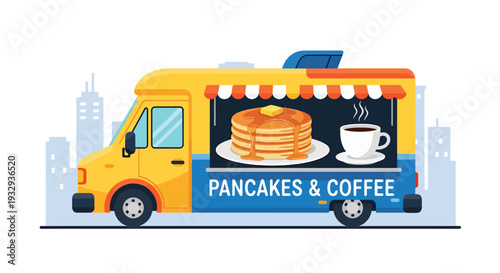 Modern vector illustration of breakfast food truck serving coffee and pancakes during morning rush hour. Mobile street cafe business concept with commuters buying takeaway food in city scene