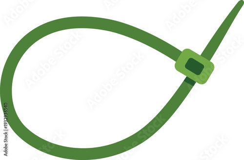 Green plastic cable tie looped on white background for fastening and securing items